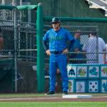 AquaSox manager Zach Vincej takes stands behind third base between innings during Everetts 7-5 win against Eugene at Funko Field on Aug. 31, 2025 (Joe Pohoryles / The Herald)