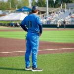 AquaSox manager Zach Vincej looks towards home plate during Everetts 7-5 win against Eugene at Funko Field on Aug. 31, 2025 (Joe Pohoryles / The Herald)