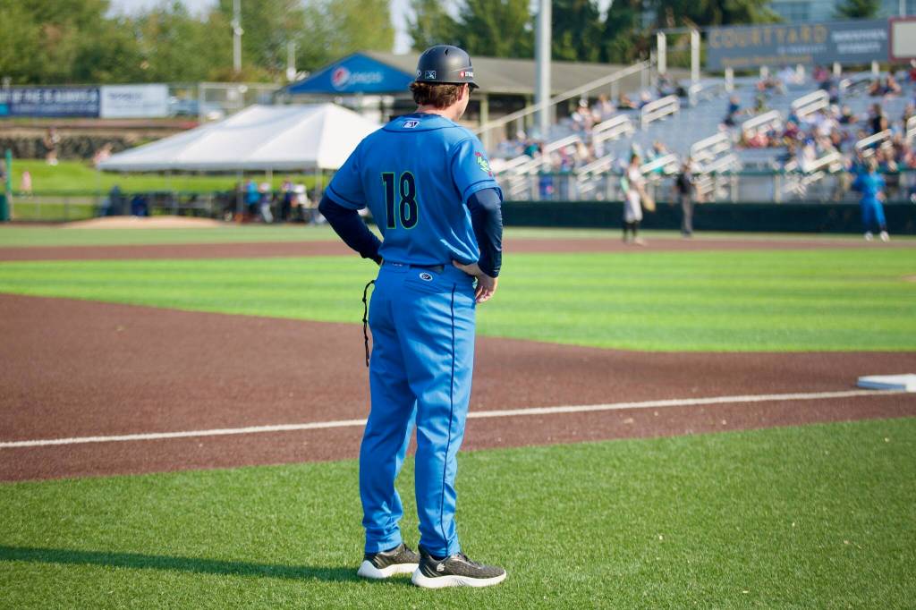 AquaSox manager Zach Vincej looks towards home plate during Everetts 7-5 win against Eugene at Funko Field on Aug. 31, 2025 (Joe Pohoryles / The Herald)