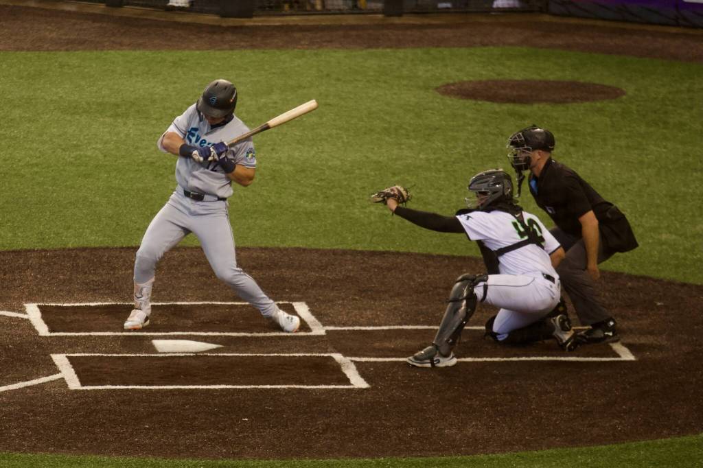 AquaSox infielder Charlie Pagliarini leans back to avoid an inside pitch during Everetts 9-6 extra-innings win against Eugene in Game 1 of the Northwest League Championship Series at PK Park on Sept. 9, 2025. (Joe Pohoryles / The Herald)