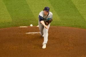 AquaSox pitcher Ryan Hawks releases a pitch during Everett's 9-6 extra-innings win against Eugene in Game 1 of the Northwest League Championship Series at PK Park on Sept. 9, 2025. (Joe Pohoryles / The Herald)