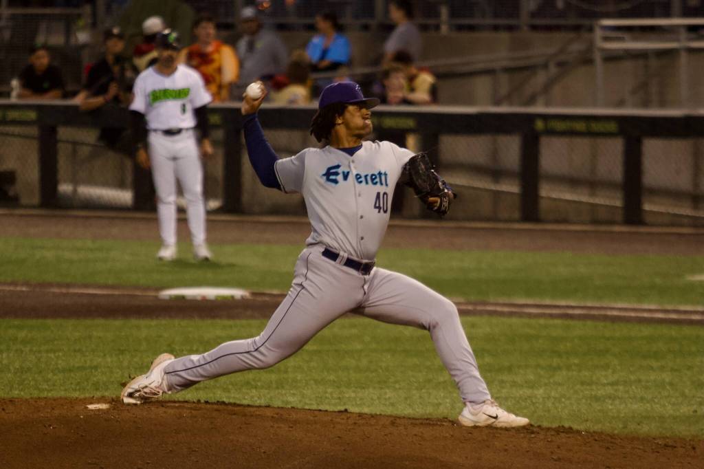 AquaSox pitcher Christian Little steps into a pitch during Everetts 4-2 loss to the Eugene Emeralds in Game 2 of the 2025 Northwest League Championship Series at PK Park on Wednesday. (Joe Pohoryles / The Herald)