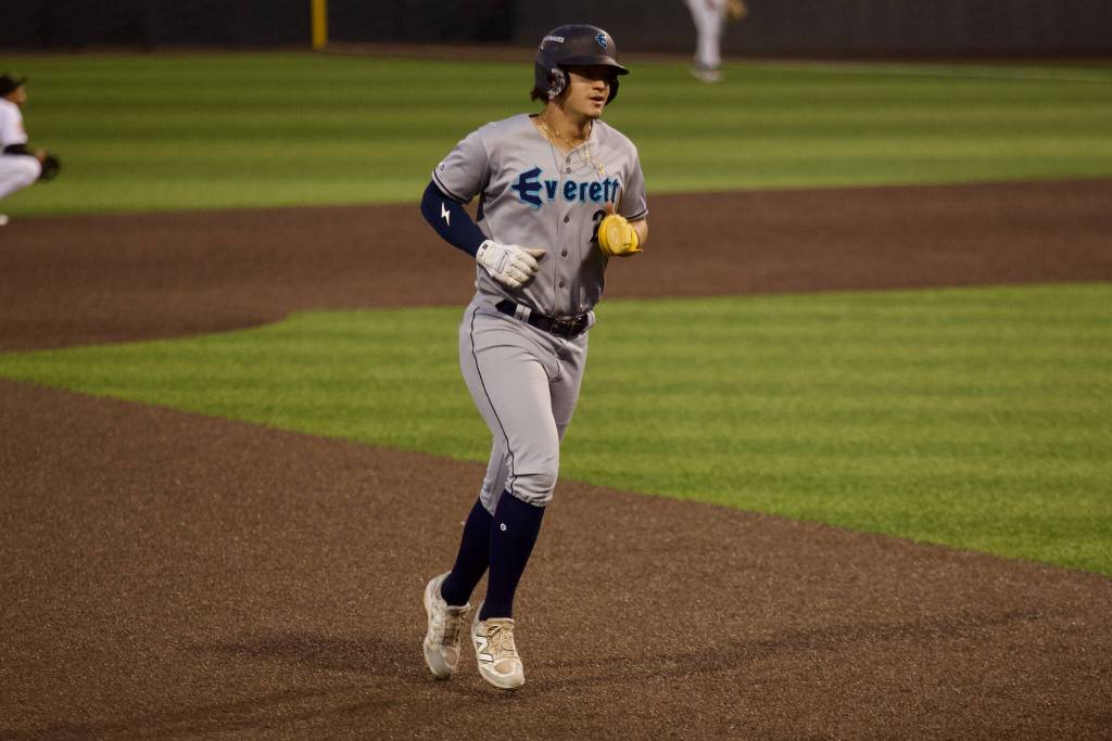 AquaSox third baseman Luis Suisbel jogs towards third base during Everetts 4-2 loss to the Eugene Emeralds in Game 2 of the 2025 Northwest League Championship Series at PK Park on Wednesday. (Joe Pohoryles / The Herald)