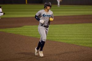 AquaSox third baseman Luis Suisbel jogs towards third base during Everett's 4-2 loss to the Eugene Emeralds in Game 2 of the 2025 Northwest League Championship Series at PK Park on Wednesday. (Joe Pohoryles / The Herald)
