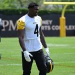 DK Metcalf of the Pittsburgh Steelers in action during Minicamp at UPMC Rooney Sports Complex on June 12, 2025, in Pittsburgh. (Justin Berl / Getty Images / Tribune News Services)