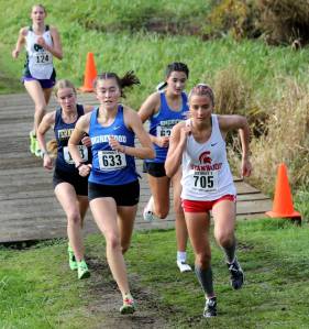 Stanwood junior Brooke Berry (far right) trots ahead a group of runners during the District 1/2 Cross Country Championships at Lakewood High School in Arlington, Wash., on Nov. 2, 2024. (Taras McCurdie / The Herald)