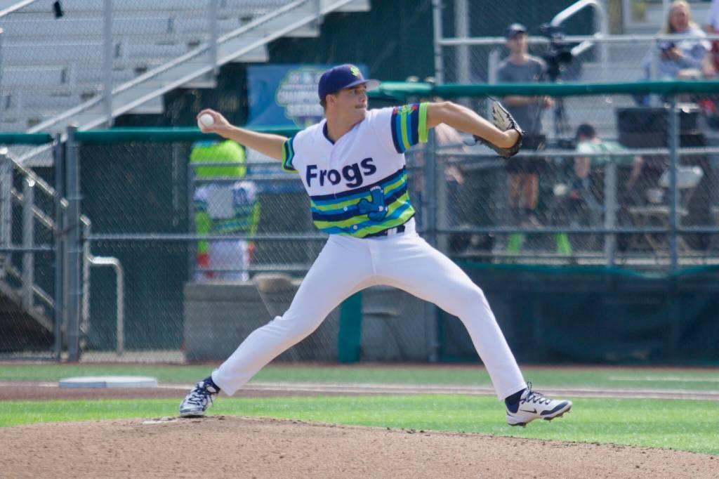 AquaSox pitcher Evan Truitt delivers a pitch against the Eugene Emeralds in Game 3 of the 2025 Northwest League Championship Series at Funko Field on Sept. 12, 2025. (Joe Pohoryles / The Herald)