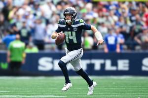 Seahawks quarterback Sam Darnold looks to make a play during a loss to the San Francisco 49ers on Sunday, Sept. 7, 2025 at Lumen Field in Seattle, Washington. (Photo courtesy of the Seattle Seahawks)