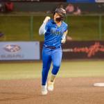 AquaSox third baseman Luis Suisbel pumps his fist rounding second base after hitting the go-ahead, two-run home run to help Everett beat the Eugene Emeralds 6-3 in Game 4 to clinch the 2025 Northwest League Championship at Funko Field on Sept. 13, 2025. (Joe Pohoryles / The Herald)