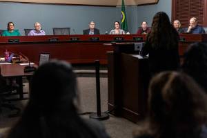 The Everett City Council listens as Casino Road residents share their concerns about possible displacement and rent increases on Wednesday, April 16, 2025 in Everett, Washington. (Olivia Vanni / The Herald)