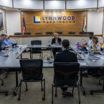 The Lynnwood City Council listens to a presentation by Finance Director Michelle Meyer during a city council meeting on on Monday, Sept. 15, 2025 in Lynnwood, Washington. (Olivia Vanni / The Herald)