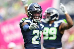 Seahawks cornerback Devon Witherspoon celebrates after a play against the San Francisco 49ers on Sunday, Sept. 7, 2025 at Lumen Field in Seattle, Washington. (Photo courtesy of the Seattle Seahawks)