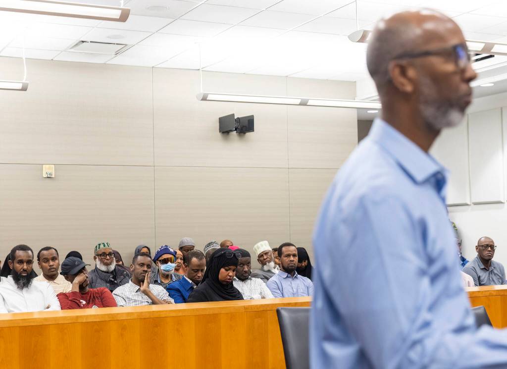 People fill the courtroom and listen as Abdi Shire speaks during the sentencing hearing for Alex Waggoner on Wednesday, Sept. 17, 2025, in Everett, Washington. (Olivia Vanni / The Herald)