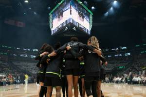 The Seattle Storm huddle before Game 2 of their WNBA Playoffs first round series with the Las Vegas Aces on Tuesday, Sept. 17, 2025 at Climate Pledge Arena in Seattle, Wash. (Photo courtesy of Seattle Storm)