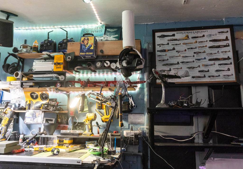 Aircraft memorabilia and tools fill Johnsons garage workshop on Sept. 23, 2025 in Everett, Washington. (Olivia Vanni / The Herald)