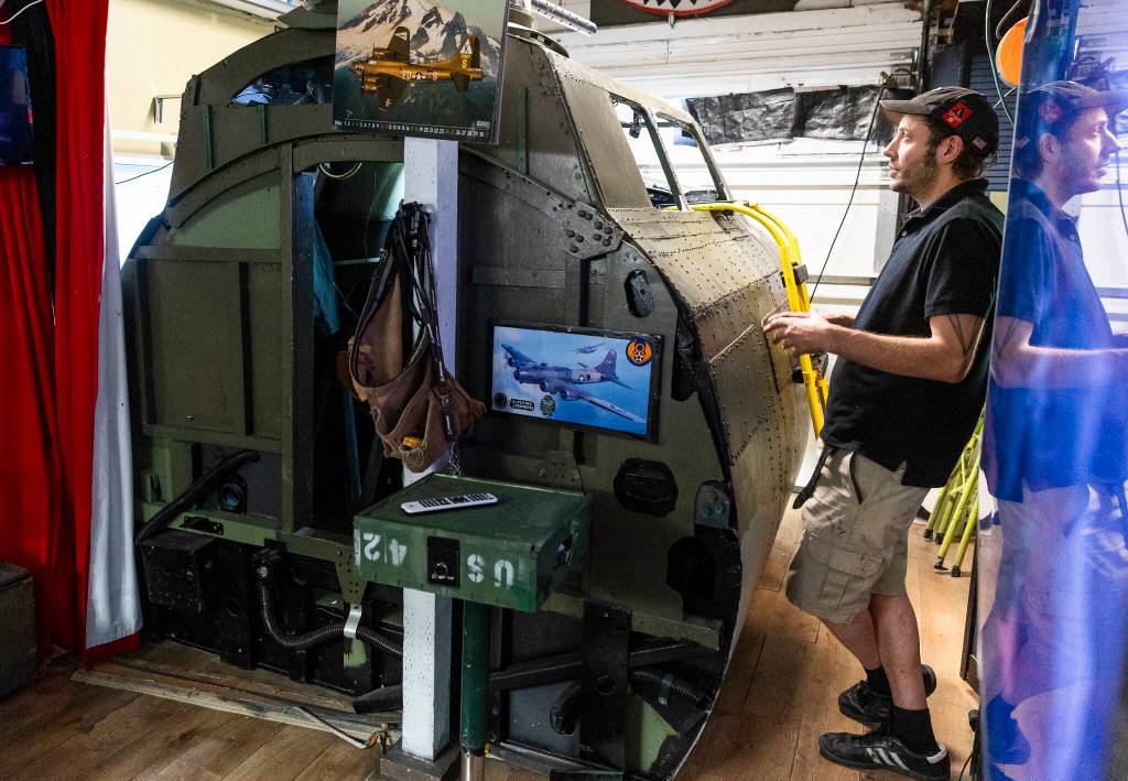 Johnson talks about some of the difficulties he ran into while building the B-17 cockpit on Sept. 23, 2025 in Everett, Washington. (Olivia Vanni / The Herald)