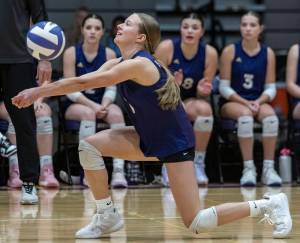 Lake Stevens’ Ella Iseminger bumps the ball during the 4A district semifinal game on Thursday, Nov. 14, 2024 in Lynnwood, Washington. (Olivia Vanni / The Herald)