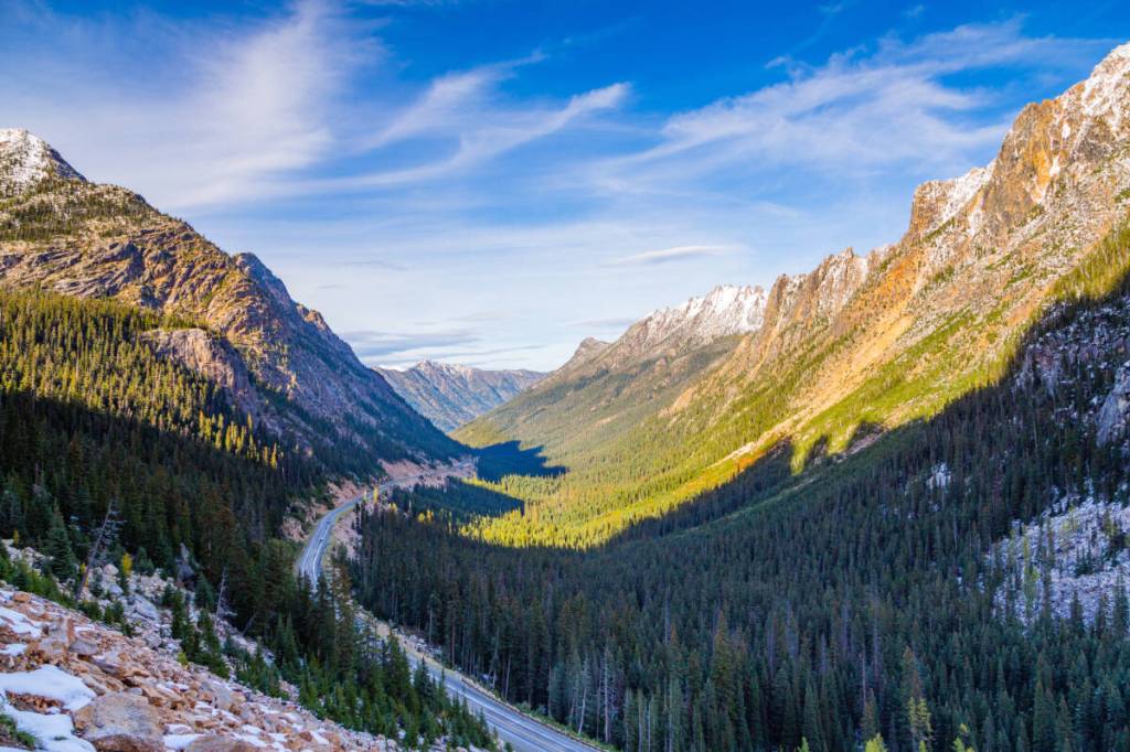 The beautiful, winding road of the North Cascades Scenic Highway.