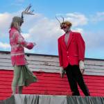 Two antler wearing mannequins pose on the roof of Thrifty Fox, a secondhand store in Twisp. (Sue Misao)
