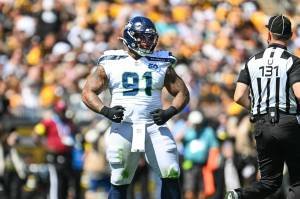 Seahawks defensive tackle Byron Murphy II (91) celebrates after a sack against the Steelers at Acrisure Stadium in Pittsburgh, Pennsylvania on Sunday, Sept. 14, 2025. (Photo courtesy of Seattle Seahawks)
