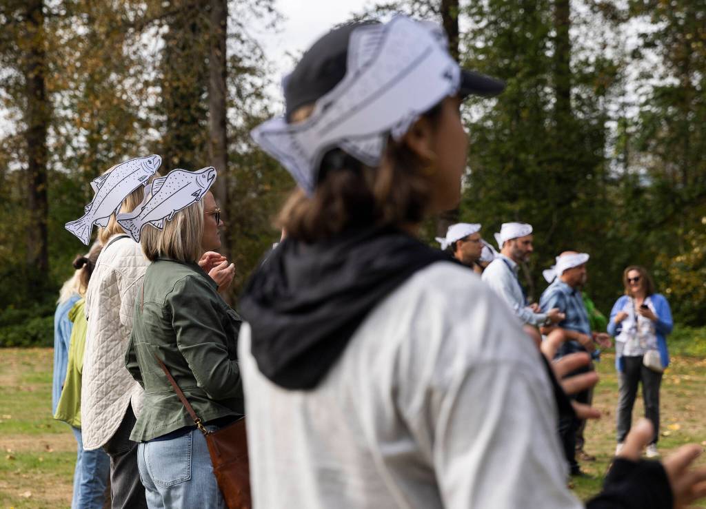 People wearing salmon hats gather for a ribbon cutting for a new side channel created in Osprey Park on Thursday, Sept. 18, 2025 in Sultan, Washington. (Olivia Vanni / The Herald)
