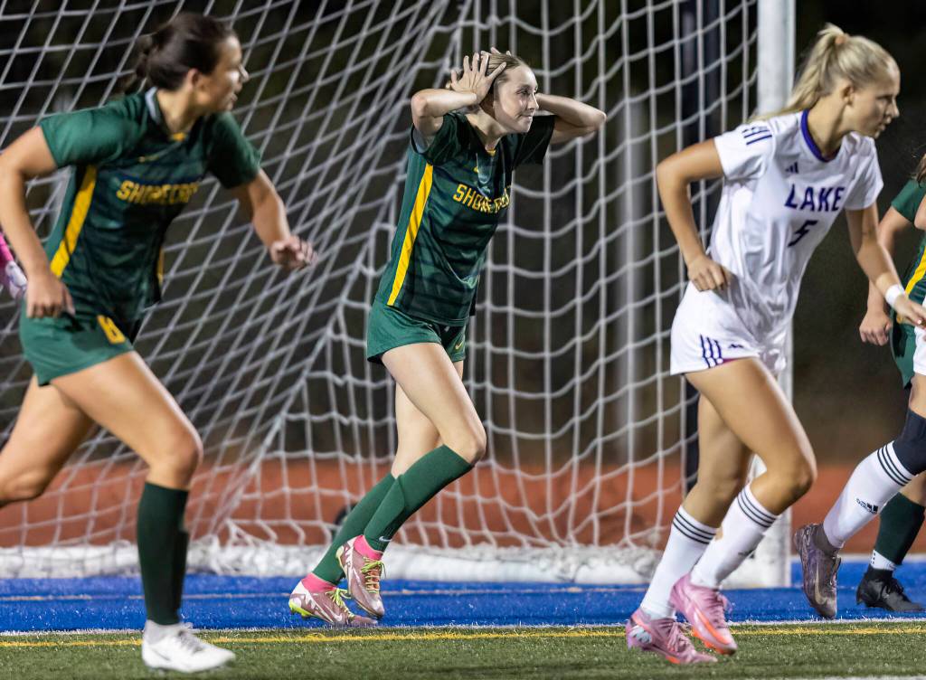 Shorecrests Sophia Tubbs reacts to missing a shot on goal during the game against Lake Stevens on Thursday, Sept. 18, 2025 in Shoreline, Washington. (Olivia Vanni / The Herald)