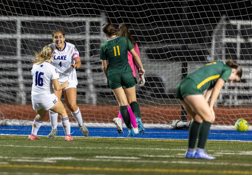 Lake Stevens Amira Yaser reacts to scoring a goal in the final seconds to tie the game against Shorecrest on Thursday, Sept. 18, 2025 in Shoreline, Washington. (Olivia Vanni / The Herald)