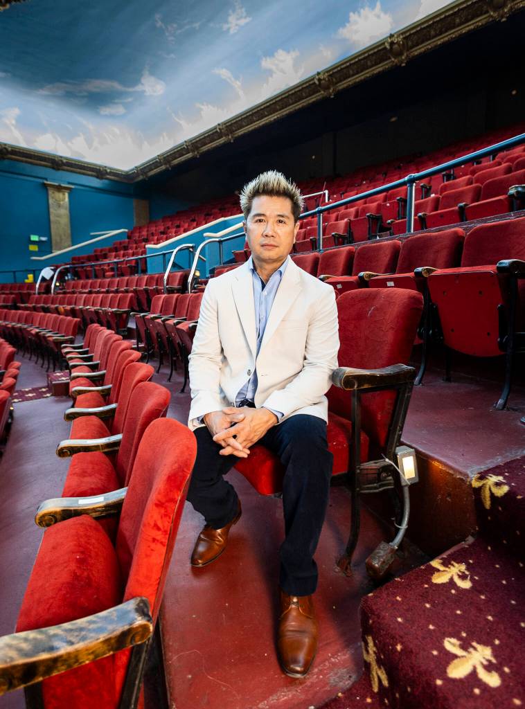 Johnny Phan, new owner of the Everett Historic Theatre, inside the newly restored theater on Sept. 25, 2025 in Everett, Washington. (Olivia Vanni / The Herald)