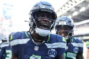 Seahawks cornerback Derion Kendrick shouts during Seattle's game against the New Orleans Saints on Sunday, Sept. 21, 2025 at Lumen Field in Seattle, Washington. (Steph Chambers / Getty Images / The Athletic)