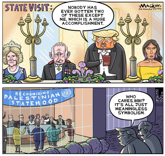 Editorial Cartoon by Graeme MacKay, The Hamilton Spectator – Wednesday September 24, 2025

A coalition of U.S. allies, frustrated with stalled peace efforts, symbolically recognizes Palestinian statehood, challenging American policy and urging renewed dialogue.

Allies Defy U.S. Stance, Recognize Palestinian Statehood

In recent weeks, a significant shift has occurred on the international stage as several traditional U.S. allies—including Canada, Australia, France, and the UK—have taken the bold step of recognizing Palestinian statehood. While this move is largely symbolic, it underscores a growing impatience with the status quo and a desire to reinvigorate the peace process in the Israeli-Palestinian conflict.

The recognition of Palestinian statehood by these nations is a direct response to the ongoing hostilities and humanitarian crises in Gaza, which have persisted with little sign of resolution. As noted in recent coverage, the coalition of countries pushing for recognition reflects a collective frustration with the lack of urgency in achieving a ceasefire and a sustainable peace.

News: Carney says Canada needs to lessen reliance on U.S. and what Trump posts online  https://www.theglobeandmail.com/politics/article-mark-carney-nyc-trump-palestine/

Prime Minister Netanyahu, facing pressure from extremists within his own party, has maintained a hardline stance that precludes negotiation until Hamas is eliminated. Similarly, President Trump, influenced by similar pressures within the U.S., has aligned with these hardline policies, further complicating the prospects for peace. The symbolic gestures by Canada, Australia, and others serve as a counter-narrative, emphasizing the need for dialogue and a two-state solution as the path forward.

The Trump administration's steadfast support for Israel, coupled with its veto power at the United Nations, means that formal recognition of Palestinian statehood is unlikely to proceed under current U.S. leadership. Howev