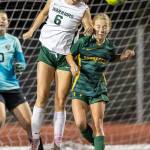 Edmonds-Woodways Liliana Frank heads the ball above Shorecrests Cora Quinn during the game on Sept. 23, 2025 in Shoreline, Washington. (Olivia Vanni / The Herald)