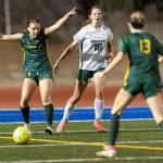 Shorecrests Olivia Taylor directs her teammates during the game against Edmonds-Woodway on Sept. 23, 2025 in Shoreline, Washington. (Olivia Vanni / The Herald)