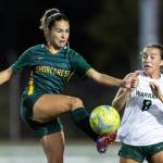 Shorecrests Anika Wallace kicks the ball out of the air during the game against Edmonds-Woodway on Sept. 23, 2025 in Shoreline, Washington. (Olivia Vanni / The Herald)