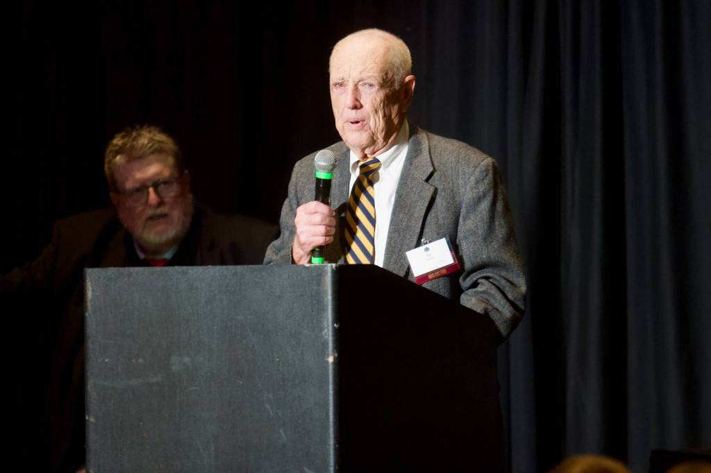 Ed Hansen gives his induction speech during the Snohomish County Sports Hall of Fame Banquet at the Edward D. Hansen Conference Center in Everett on Wednesday. (Joe Pohoryles / The Herald)