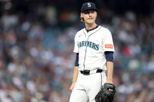 Bryce Miller (50) of the Seattle Mariners reacts during the first inning against the Colorado Rockies at T-Mobile Park on Tuesday, Sept. 23, 2025, in Seattle, Washington. (Steph Chambers / Getty Images / Tribune News Services)