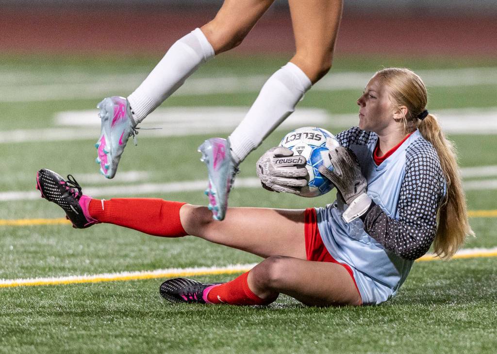 Stanwoods Chloe Lally comes out to make a save during the game against Snohomish on Sept. 25, 2025 in Stanwood, Washington. (Olivia Vanni / The Herald)