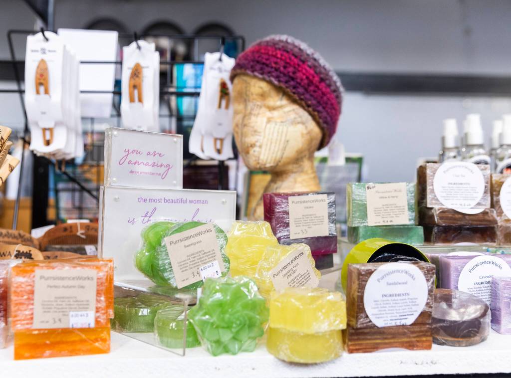 Soaps, along with other items crafted by local artisans for sale at Artisans on Sept. 22, 2025 in Everett, Washington. (Olivia Vanni / The Herald)
