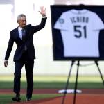 Former Seattle Mariners player Ichiro Suzuki reacts during the Ichiro Number Retirement Ceremony before a game against the Tampa Bay Rays at T-Mobile Park on Aug. 9 in Seattle. (Steph Chambers / Getty Images / Tribune News Services)