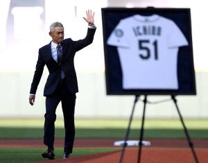 Former Seattle Mariners player Ichiro Suzuki reacts during the Ichiro Number Retirement Ceremony before a game against the Tampa Bay Rays at T-Mobile Park on Saturday, Aug. 9, 2025, in Seattle. (Steph Chambers / Getty Images / Tribune News Services)