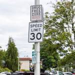 A Drug Free Zone sign visible along Colby Avenue on Wednesday, June 25, 2025 in Everett, Washington. (Olivia Vanni / The Herald)