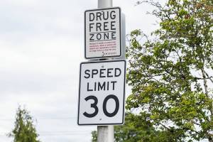 A Drug Free Zone sign visible along Colby Avenue on Wednesday, June 25, 2025 in Everett, Washington. (Olivia Vanni / The Herald)