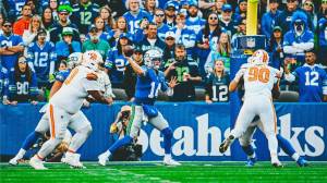 Seahawks quarterback Sam Darnold (14) throws a pass against the Tampa Bay Buccaneers on Sunday, Oct. 5, 2025 at Lumen Field in Seattle Washington. (Photo courtesy of the Seattle Seahawks)