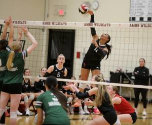 Archbishop Murphy sophomore setter/pin hitter Teuila Halalilo hits the ball in a Wesco 3A/2A South matchup against Edmonds-Woodway in Everett, Wash., on Oct. 9, 2024. The unranked Wildcats won 3-1 and handed the No. 10 Warriors their first loss of the season. (Taras McCurdie / The Herald)