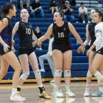 Kamiak players celebrate after scoring a point against Glacier Peak on Tuesday, Oct. 7, 2025 in Snohomish, Washington. (Olivia Vanni / The Herald)