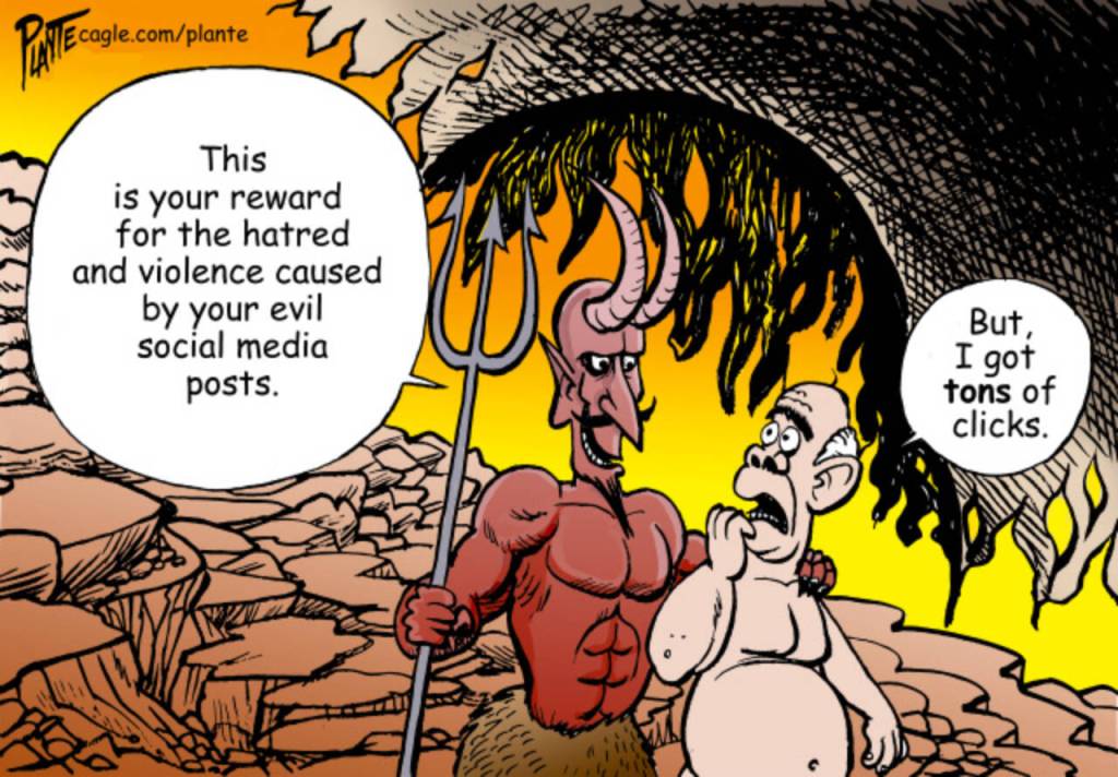 The devil escorts a man downstairs, violence, hatred, clicks, click bait, Social Media, posts, Tyler Robinson, internet, dark web, shooting, shootings, murder, discourse, political violence