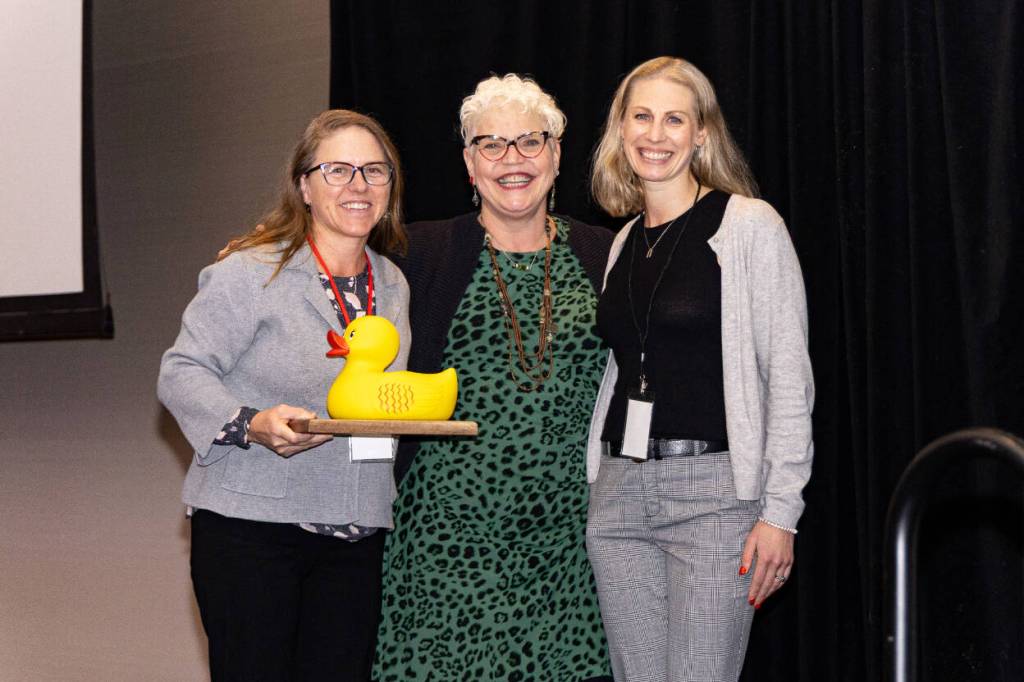 From left, Liz Stenning holds her Deborah Knutson Women in Leadership Award with Leadership Snohomish County Chief Strategic Officer Kathy Coffey Solberg and Knutsons daughter, Erin Williams, who presents the award each year on Oct. 14, 2025 at the Tulalip Resort Casino. (Provided photo)