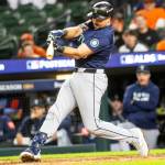 Seattle Mariners designated hitter Cal Raleigh (29) hits a home run during Game 3 of the ALDS on Tuesday at Comerica Park. The Mariners defeated the Tigers, 8-4.
