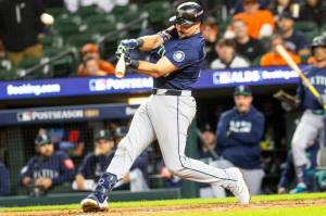 Seattle Mariners designated hitter Cal Raleigh (29) hits a home run during Game 3 of the ALDS on Tuesday, Oct. 7, 2025, at Comerica Park. The Mariners defeated the Tigers, 8-4.