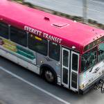 An Everett Transit bus drives along Hewitt Avenue in downtown Everett on Friday, March 9, 2018. (Ian Terry / The Herald)