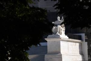 The marble statue depicting “The Authority of Law” is visible outside the Supreme Court in Washington on Monday, Oct. 6, 2025. President Donald Trump’s policies will have an even more central role in the Supreme Court term that begins on Monday. (Tierney L. Cross/The New York Times)